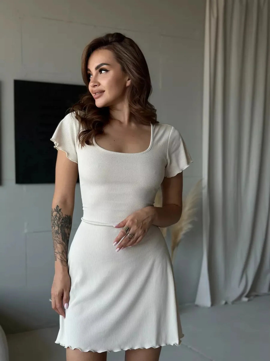Ribbed Back Lace Up Short Sleeve Mini Dress