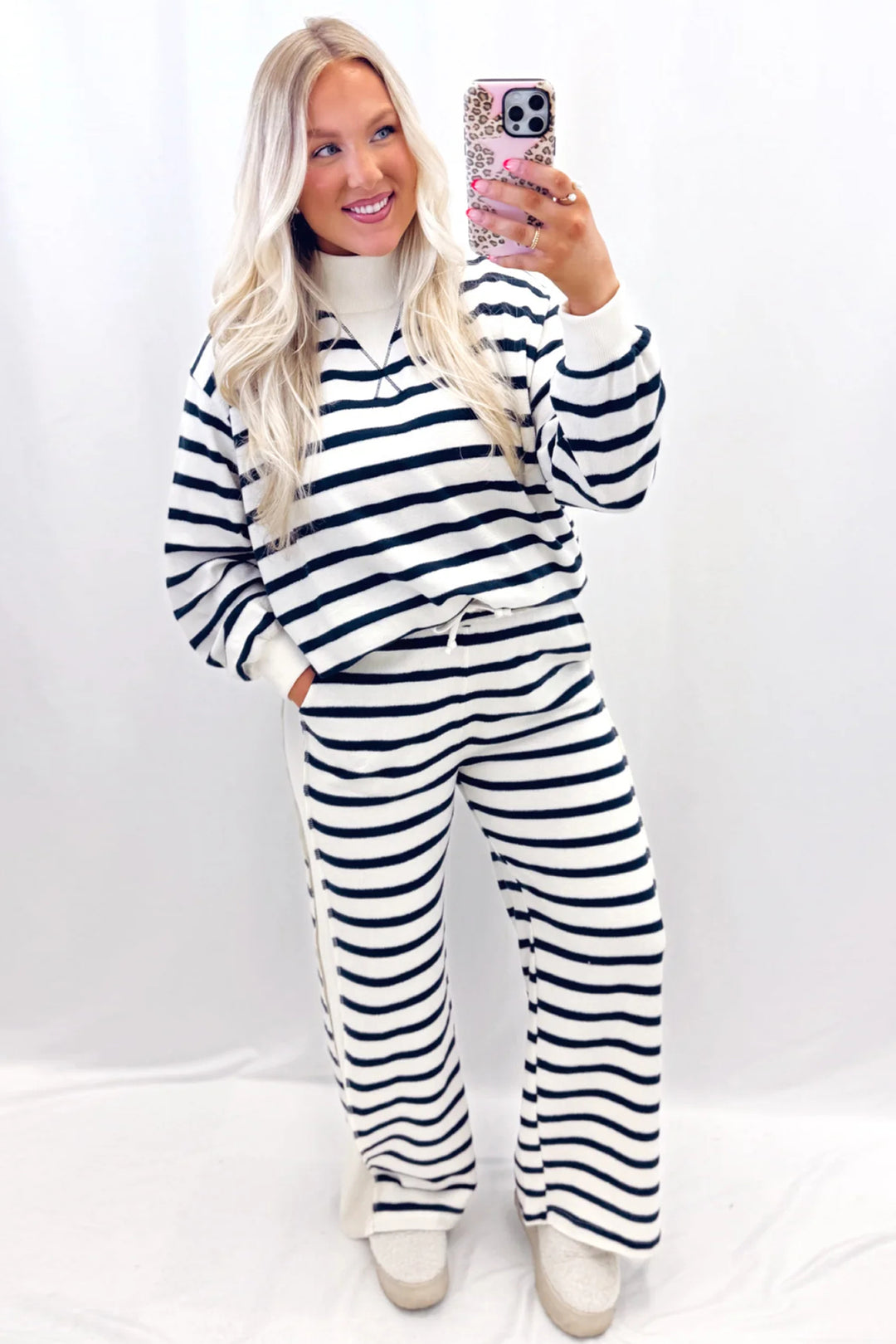 Blue Stripe Striped Ribbed Cuff Collar Pocket Loose Pant Set
