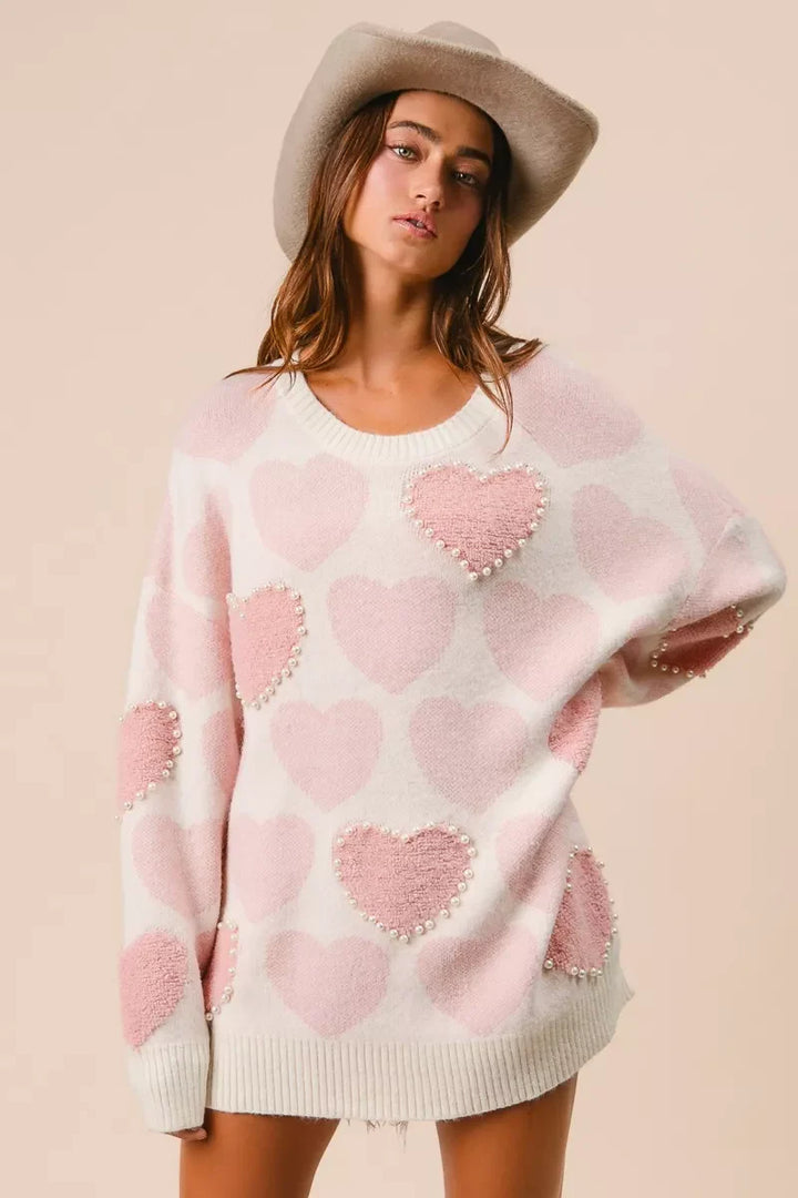BiBi Heart Pattern Sweater with Pearl Detail