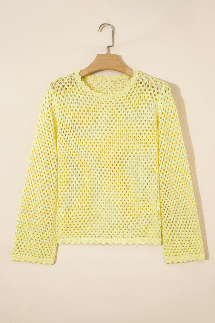 Yellow Cream Scalloped Trim Hollow Out Knit Long Sleeve Top
