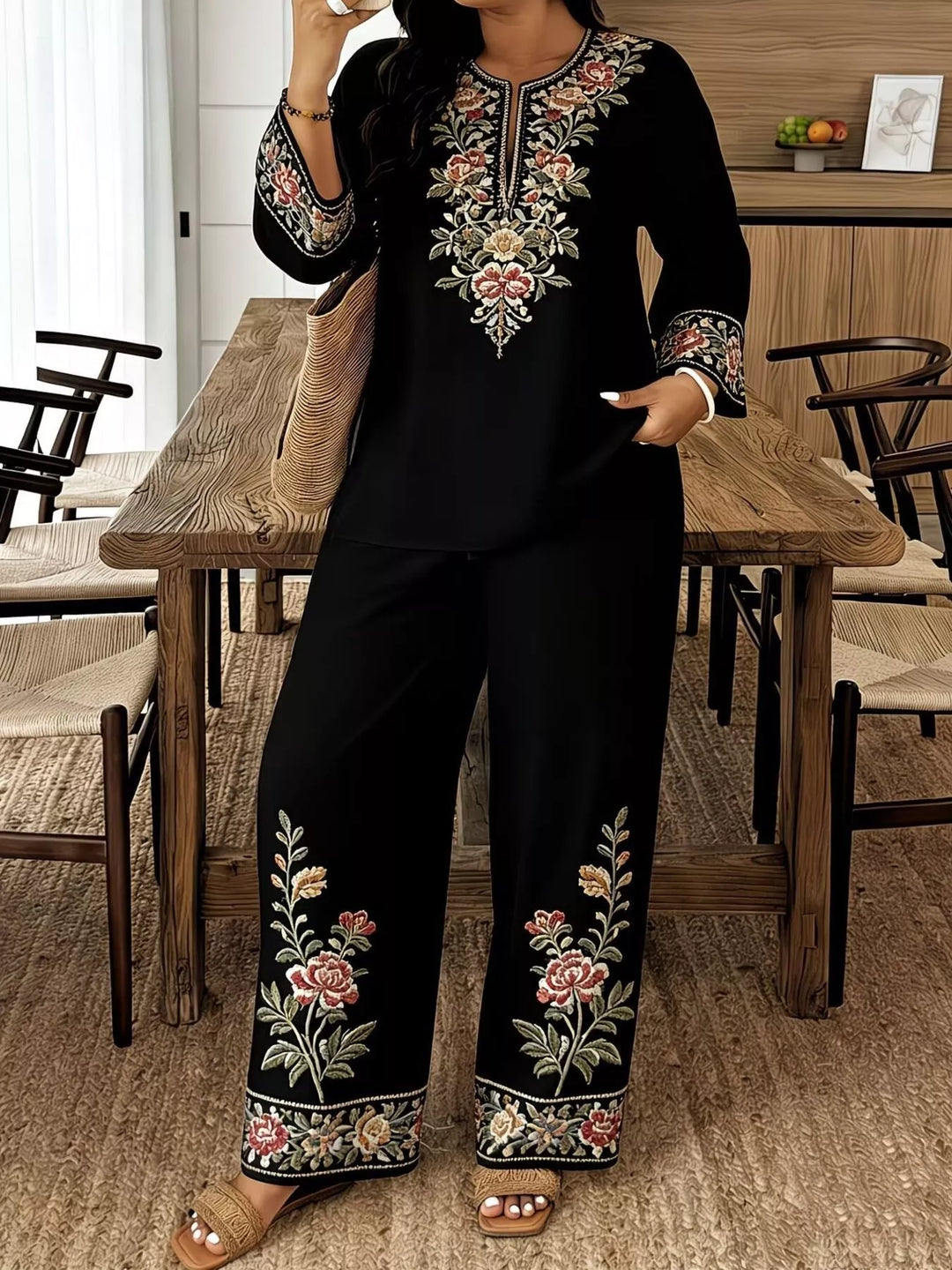 Full Size Embroidered Long Sleeve Top and Pants Set Plus Size