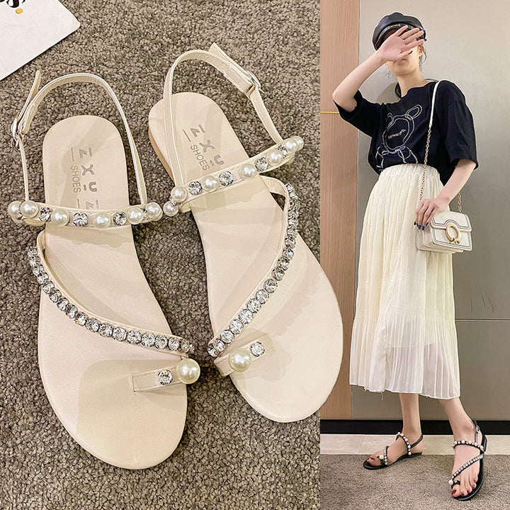 2026 Spring Summer New Rhinestone Pearl Toe Loop Roman Flat Sandals For Women, Plus Size Gentle Fairy Style Unique Ladies Shoes
