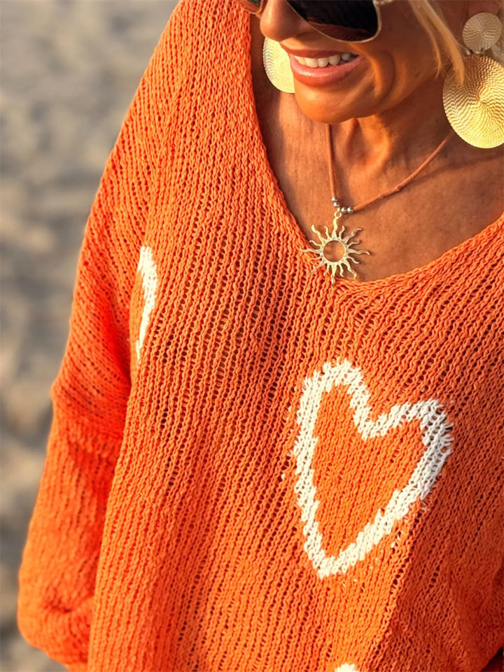 Heart V-Neck Dropped Shoulder Sweater