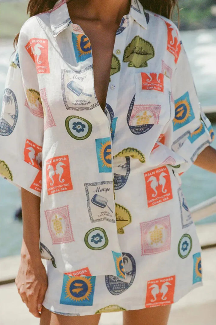 Printed Button Up Shirt and Skirt Set