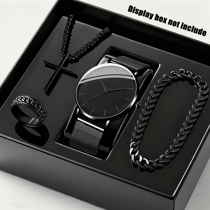 Men's Fashion Watch Ring Necklace Bracelet Set - Stainless Steel Jewelry Collection for Daily Wear