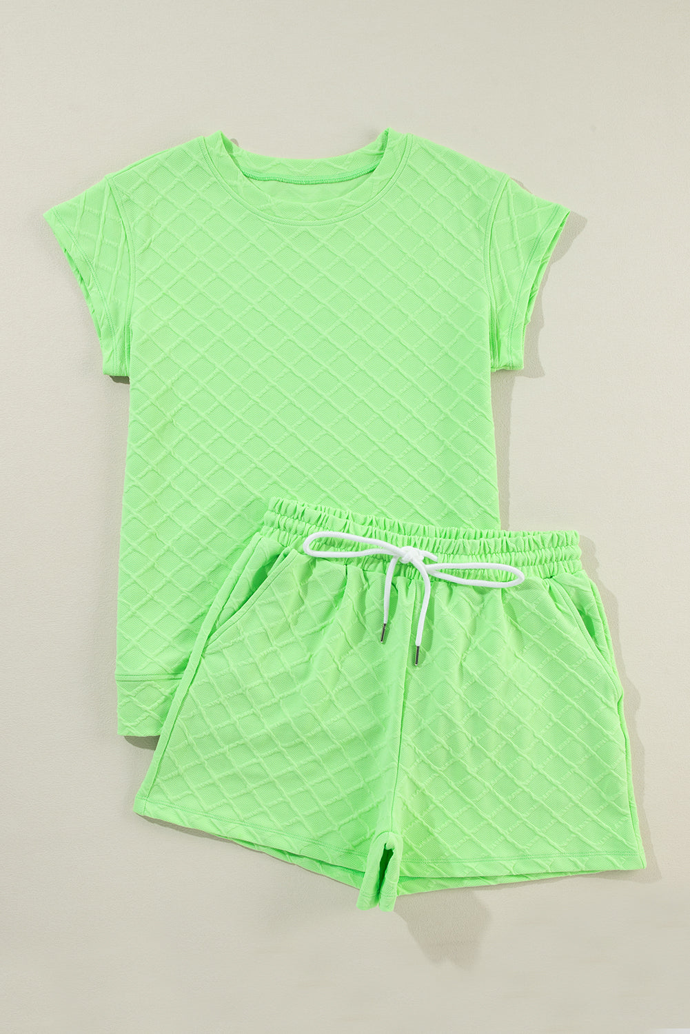 Light Green Checkered Textured Tee and Drawstring Shorts