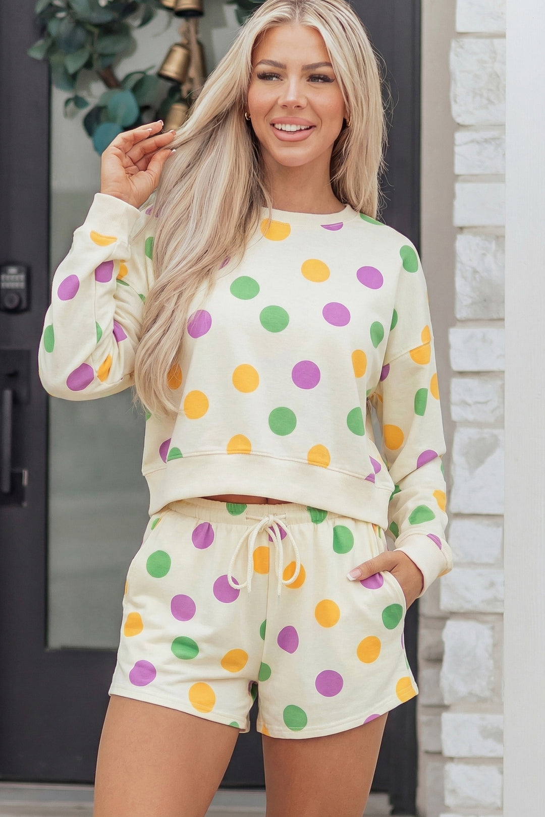 Multicolour Polka Dot Print Drop Shoulder Pullover Drawstring Shorts Set