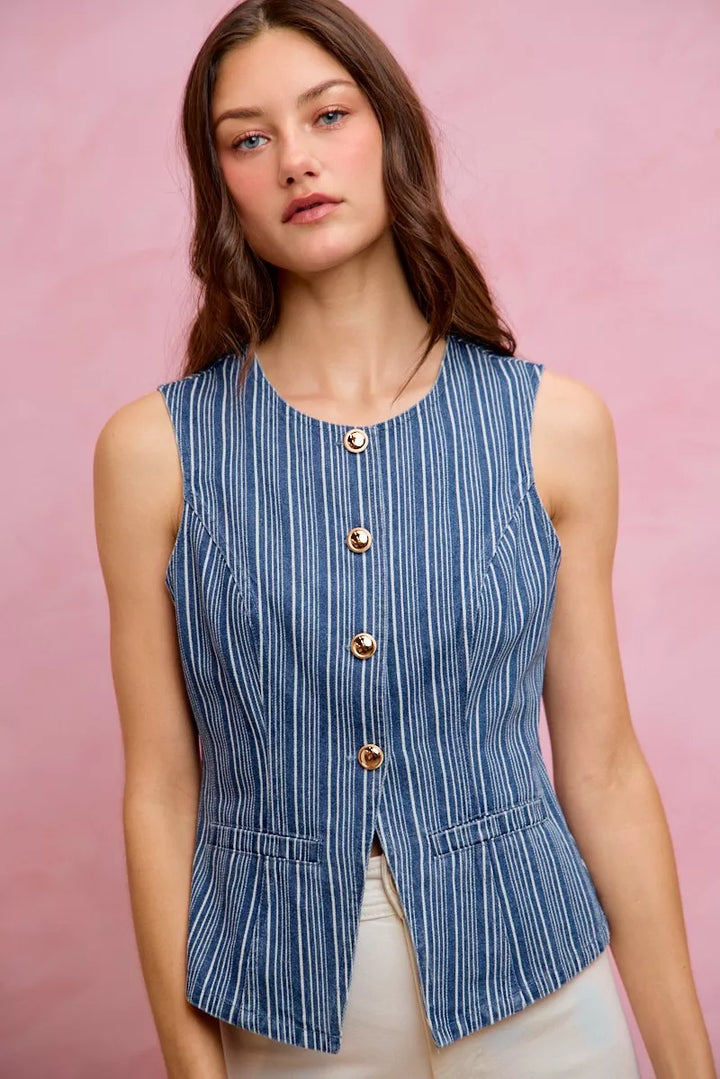 SO ME Stripe Slim Fit Button Front Denim Vest Top