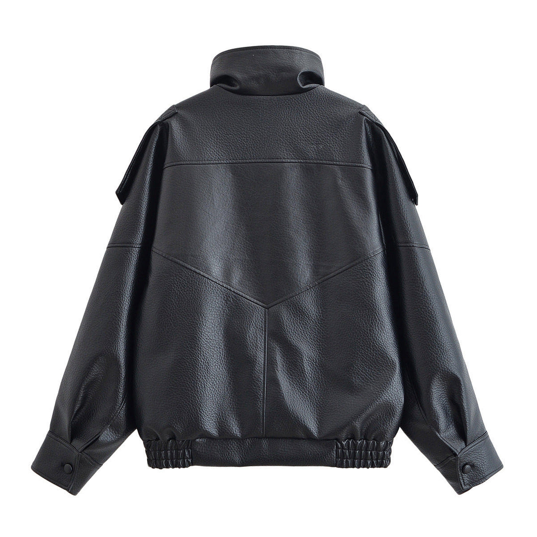 Women's Graceful Stand Collar Wholesale Litchi Leather Jacket