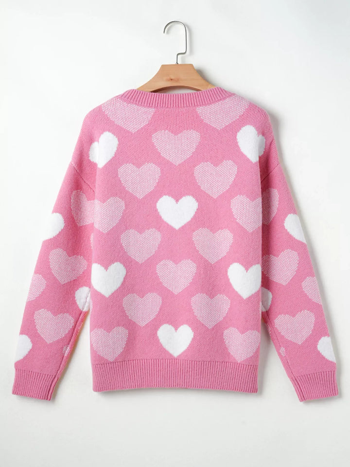 Pearled Heart Print Valentines Crew Neck Sweater