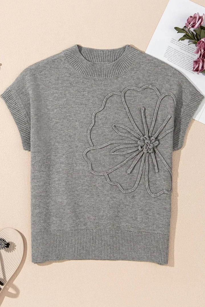 Flower Pattern Ribbed Trim Short Sleeve Boxy Sweater