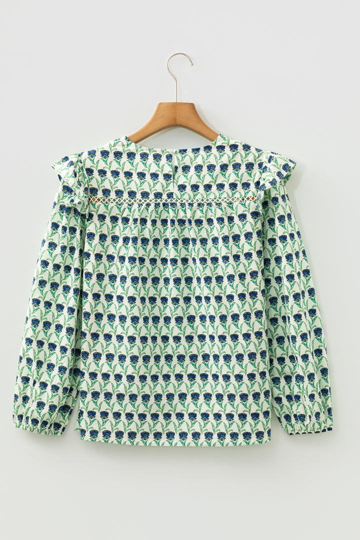 Green Floral Print Lace Detail Ruffle Trim Long Sleeve Blouse