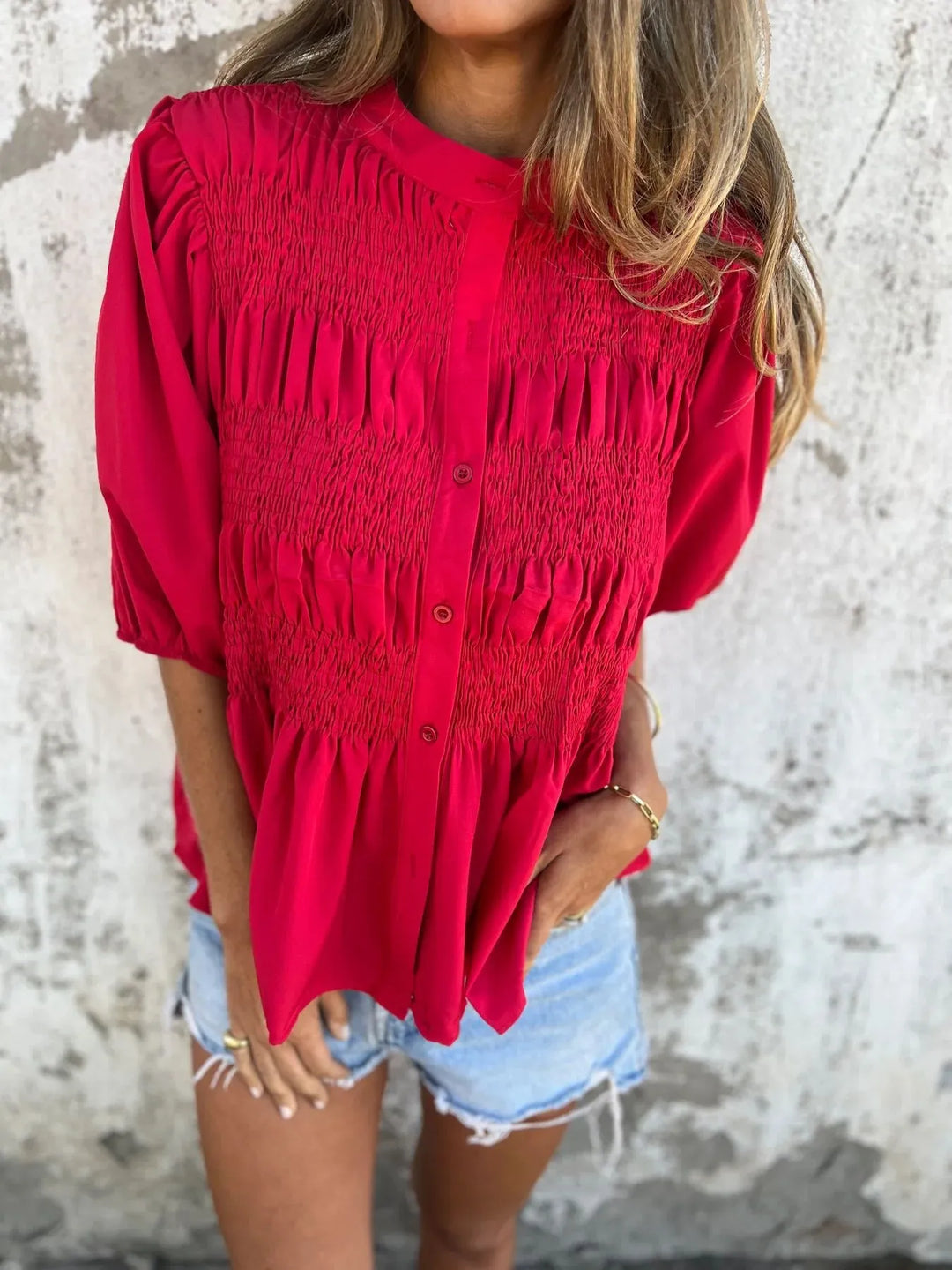 Full Size Smocked Puff Sleeve Blouse Plus Size