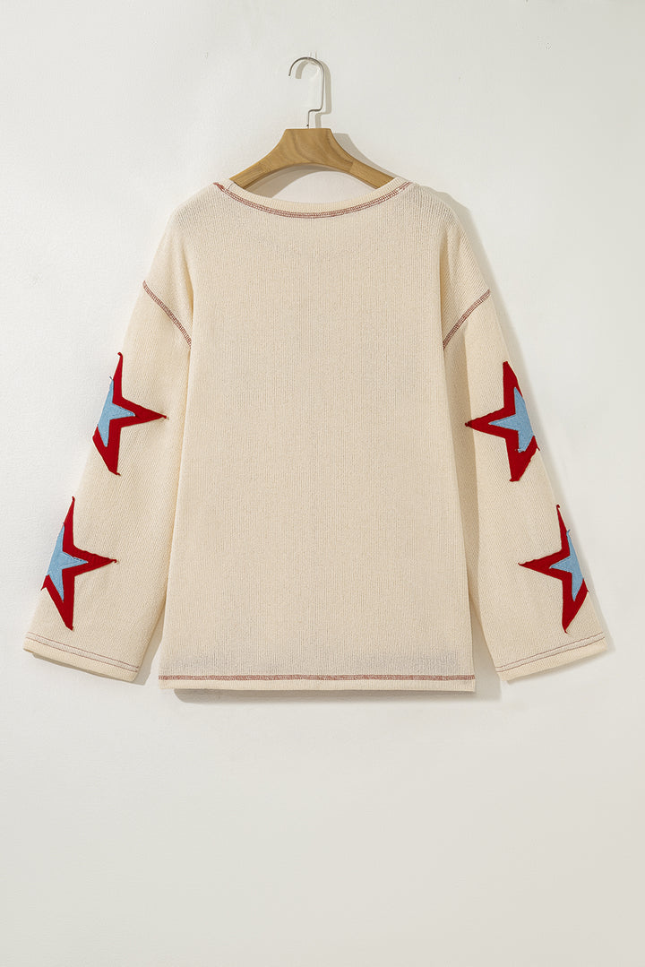 Beige USA Star Contrast Patchwork Exposed Seam Long Sleeve Top