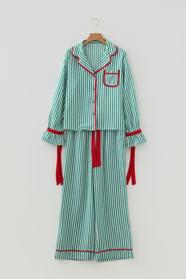 Green Stripe Contrast Velvet Trim Bow Knot Waist 2pcs Pajama Set