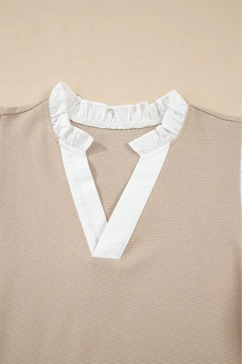 Ruffled Notched Cap Sleeve Top