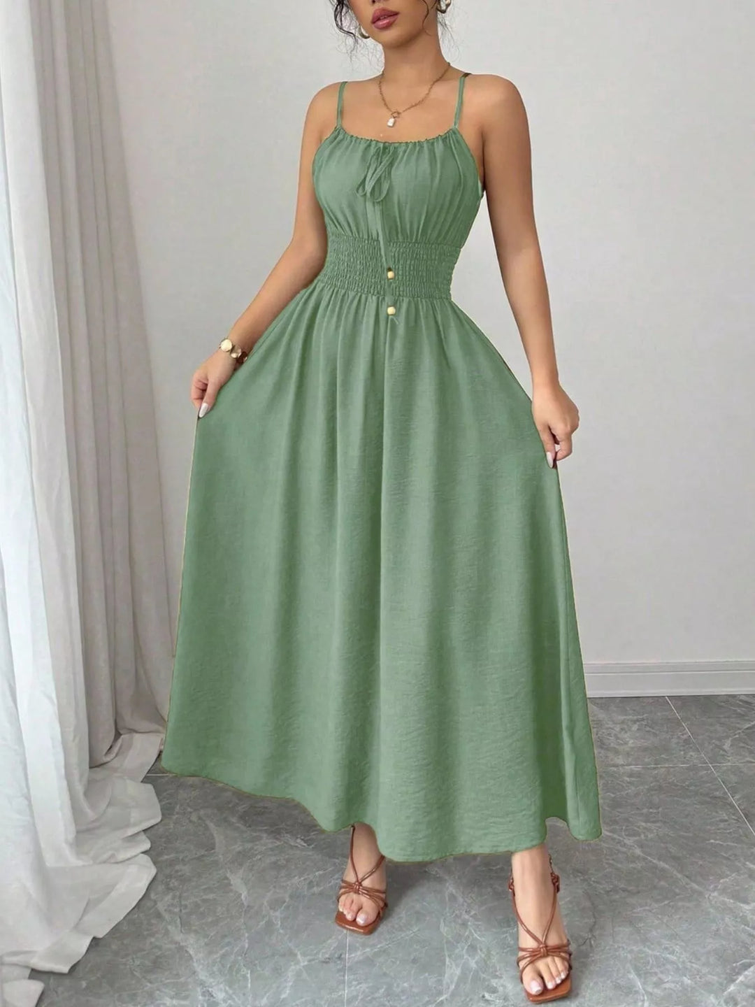 Smocked Spaghetti Strap Midi Dress