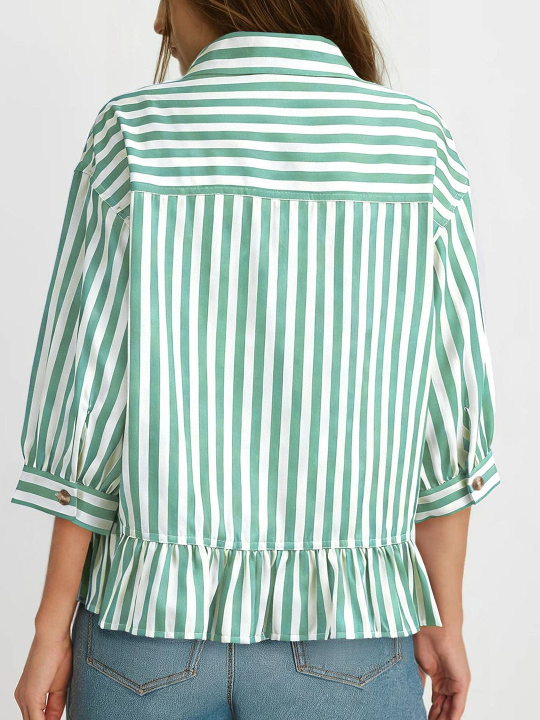 Striped Ruffle Hem Button-Down Shirt