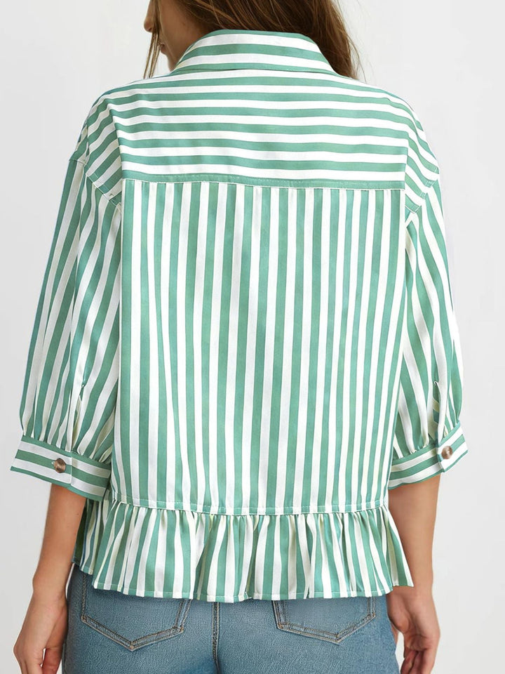 Striped Ruffle Hem Button-Down Shirt