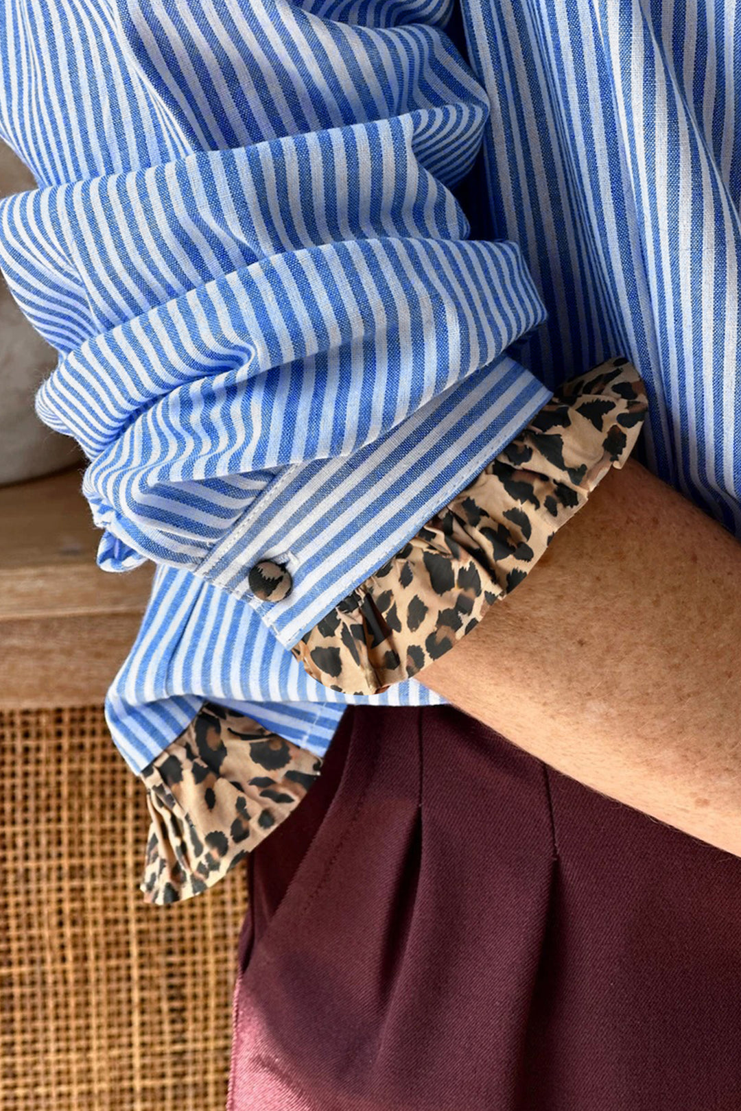 Sky Blue Stripe Contrast Frilled Leopard Trim Casual Long Sleeve Shirt