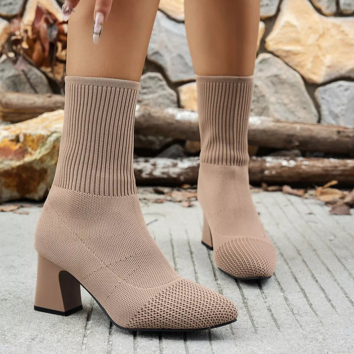 Point Toe Knit Sock Boots with Block Heels