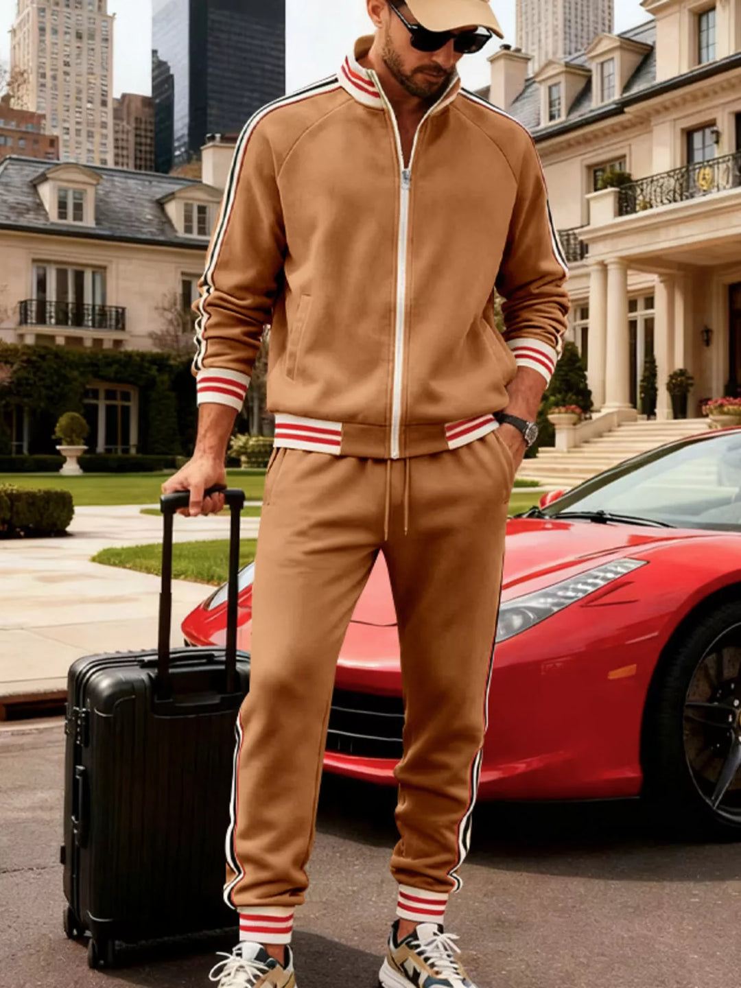Men's Full Size Striped Zip Up Outerwear and Pants Plus Size