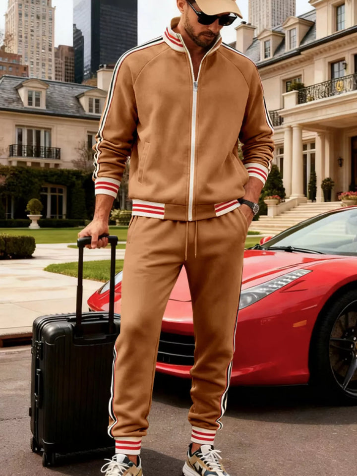Men's Full Size Striped Zip Up Outerwear and Pants Plus Size