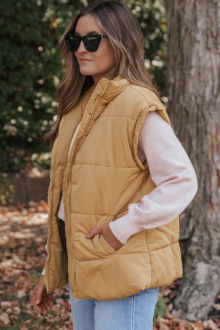 Khaki Oversized Stand Collar Zip Winter Vest