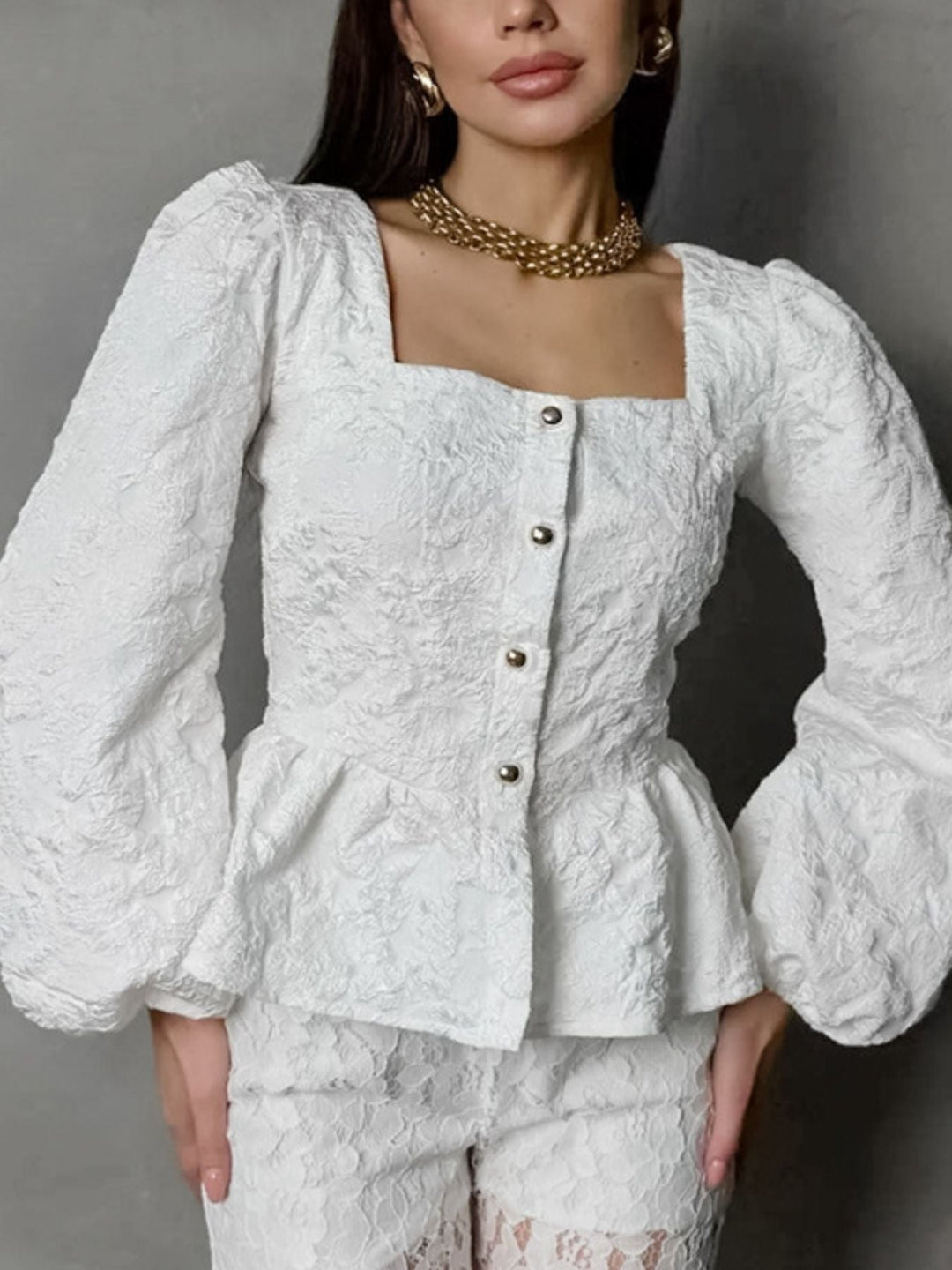 Textured Square Neck Balloon Sleeve Shirt
