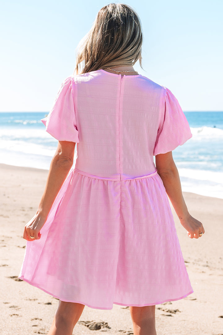 Bonbon Textured Bubble Sleeve High Waist Mini Dress