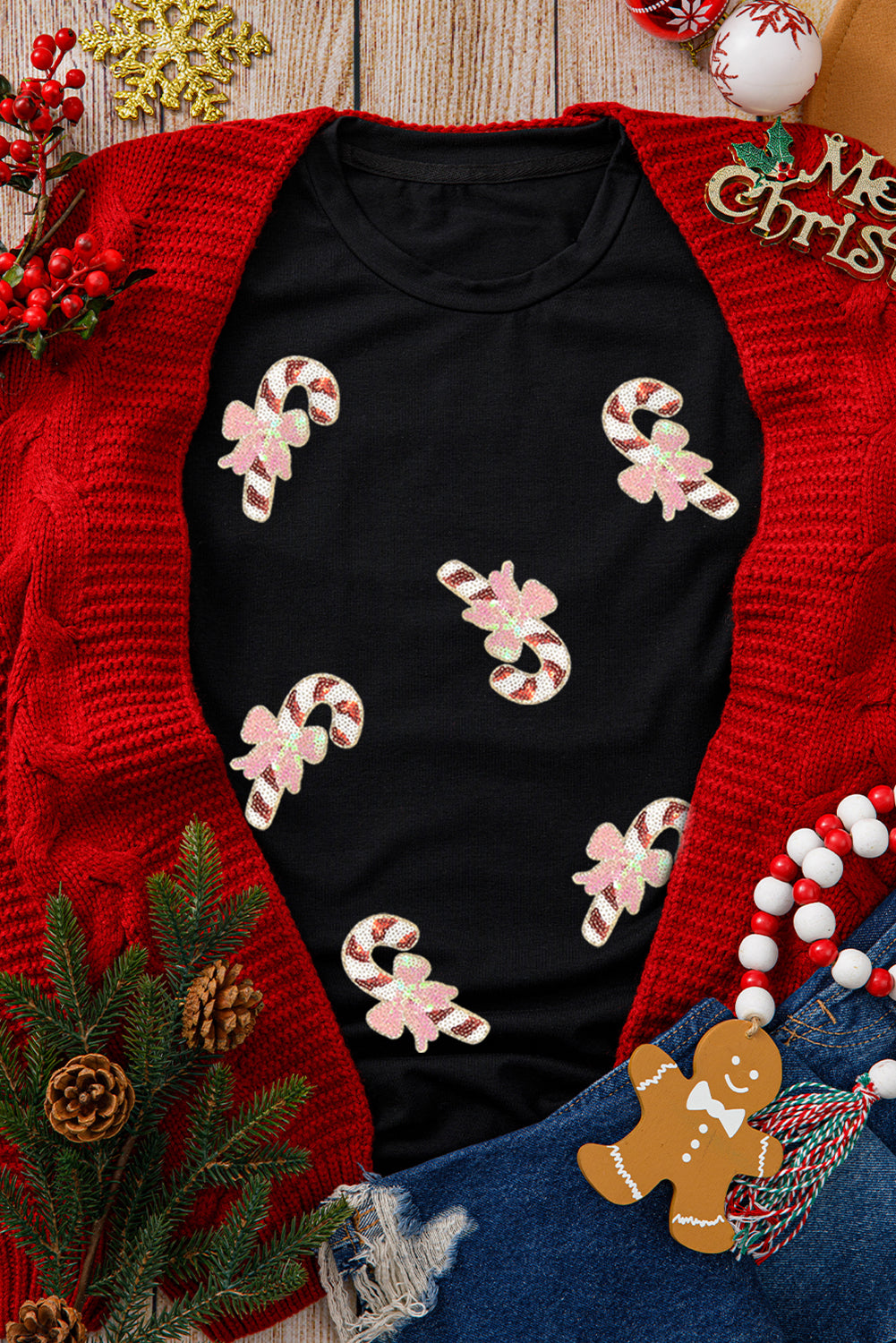 Black Sequined Candy Cane Patched Pattern Holiday T Shirt