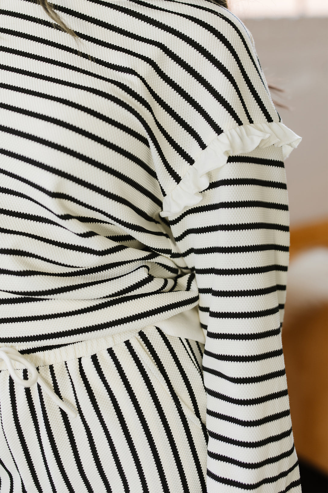 White Stripe Ruffle Trim Drop Shoulder Top Drawstring Loose Pant Set