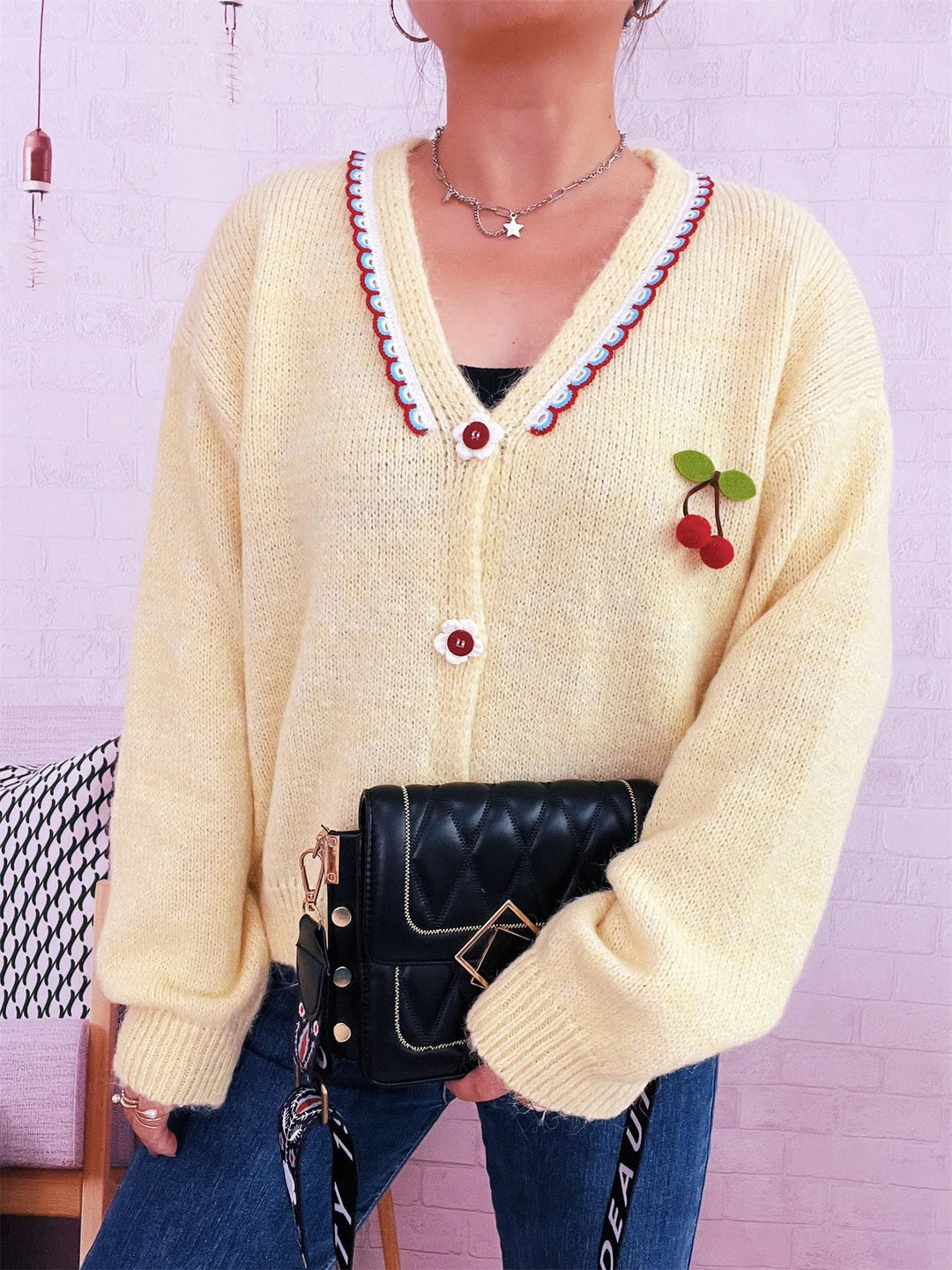 Cherry Button-Front Long Sleeve Cardigan