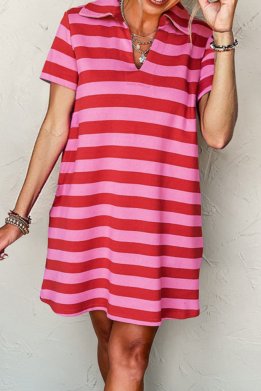 Red Stripe Textured Knit Collared V Neck Shift T Shirt Dress