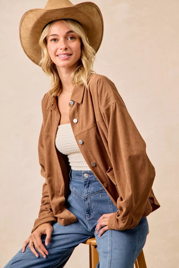 BiBi Corduroy Relaxed Fit Shacket with Back Pleat