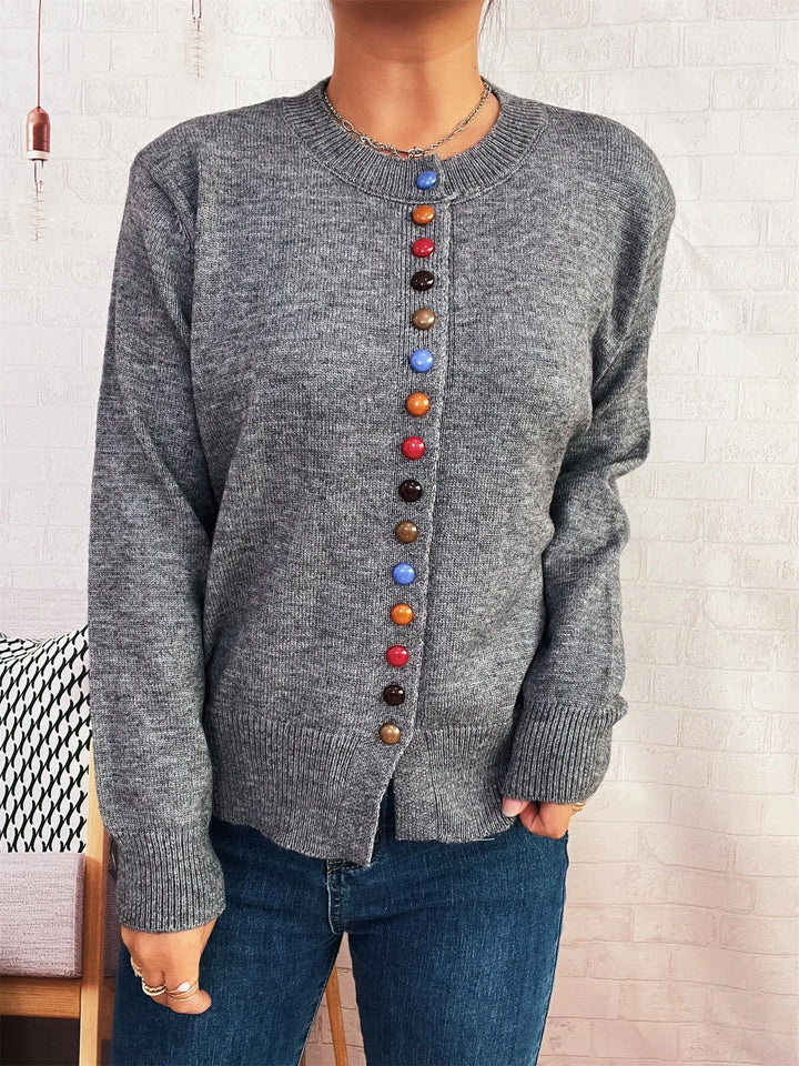 Button-Front Cardigan with Colorful Detail Buttons