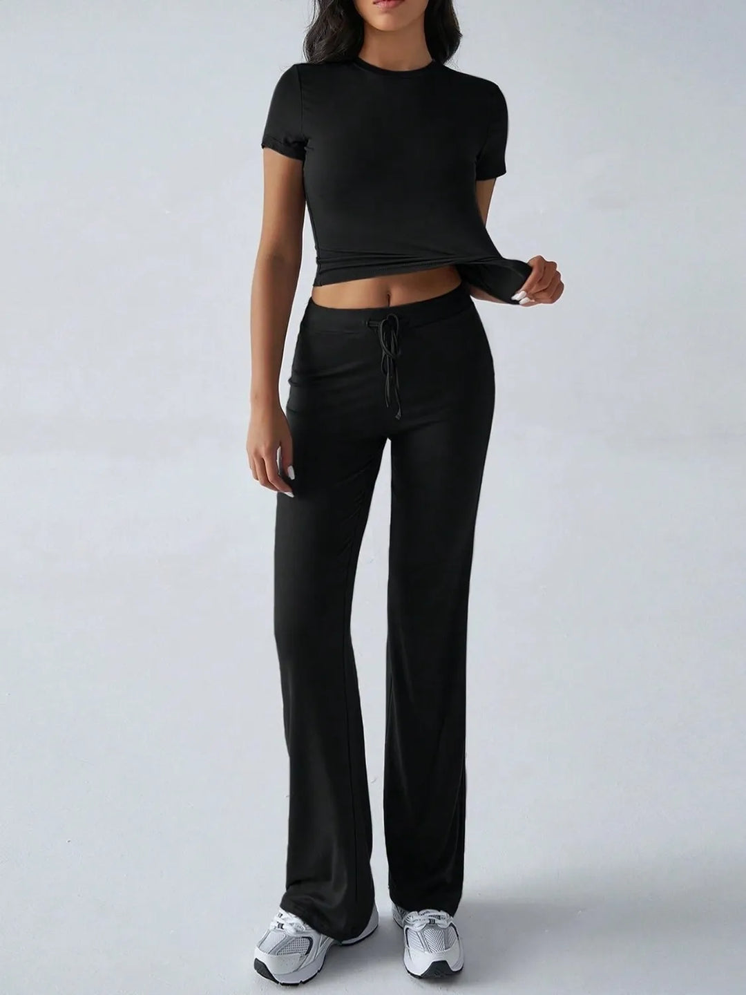 Round Neck Short Sleeve Top and Pants Set