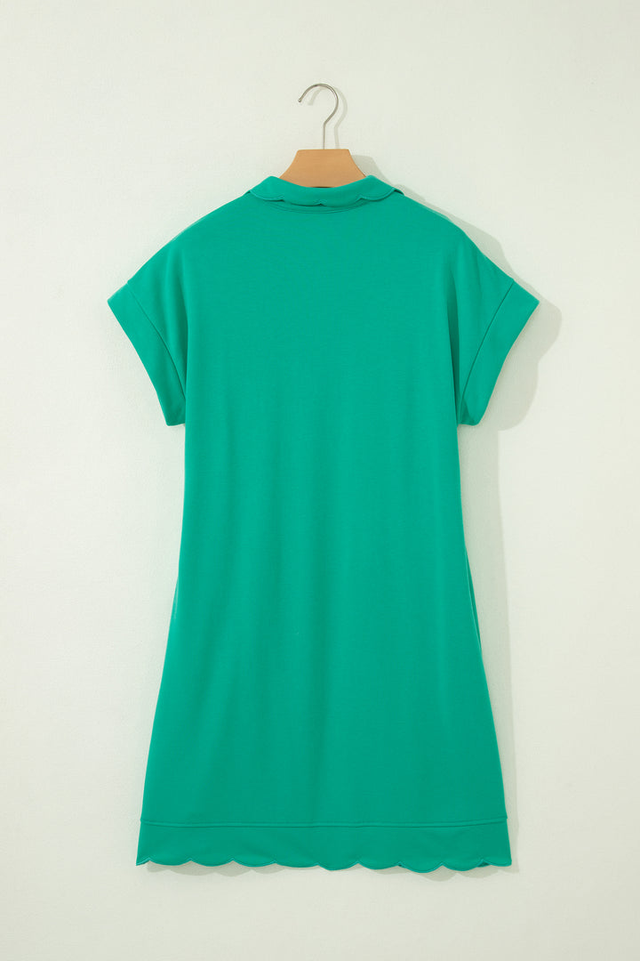 Sea Green Solid Color Snap Button Polo Collar Short Sleeve Scallop Hem Mini Dress