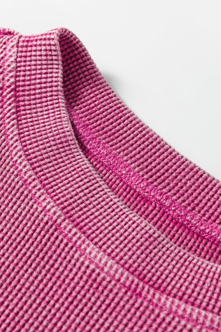 Bright Pink Waffle Knit Patchwork Long Sleeve Loose Top