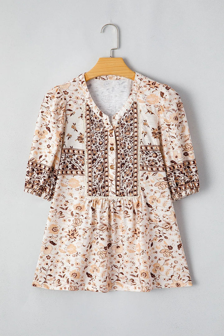 Boho Floral Print Half Placket Short Sleeve Loose Blouse