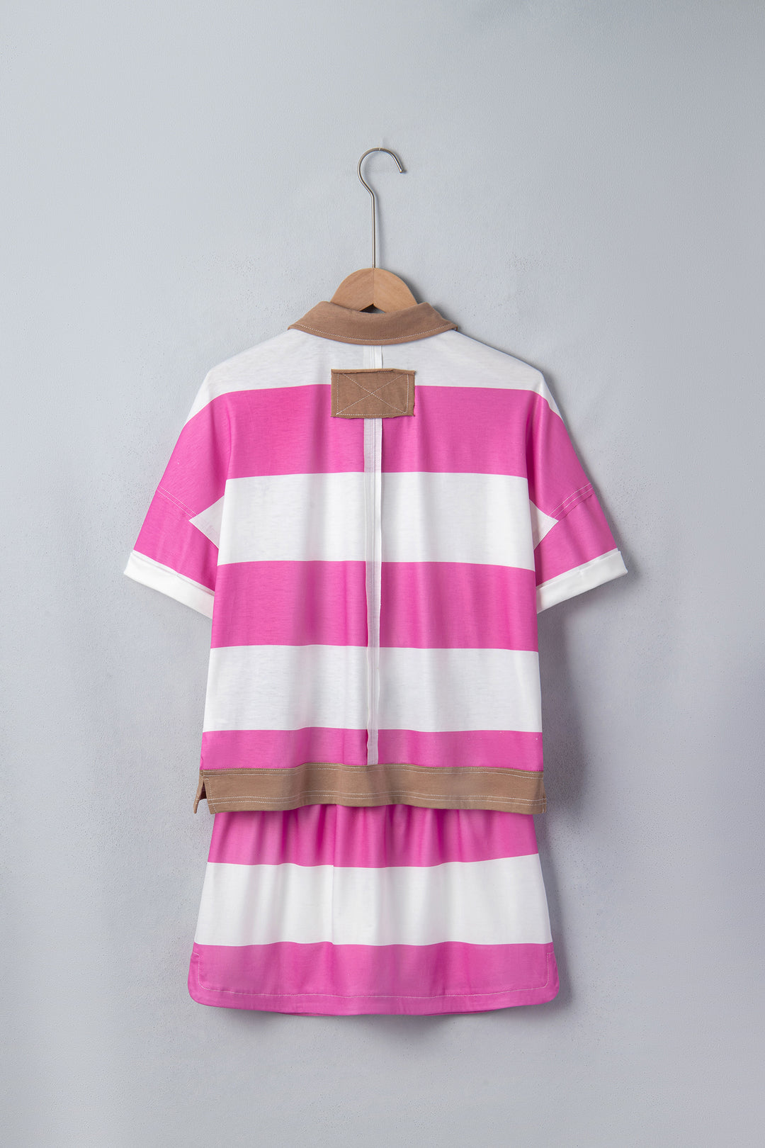 Rose Stripe Colorblock Trim Polo Tee Drawstring Mini Skirt 2pcs Set