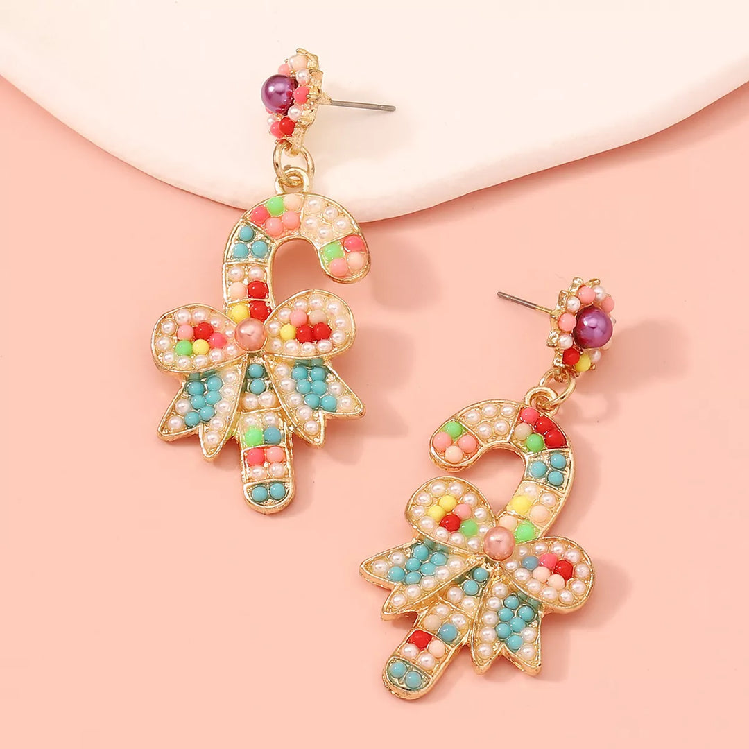 Christmas Candy Cane Bow Drop Earrings