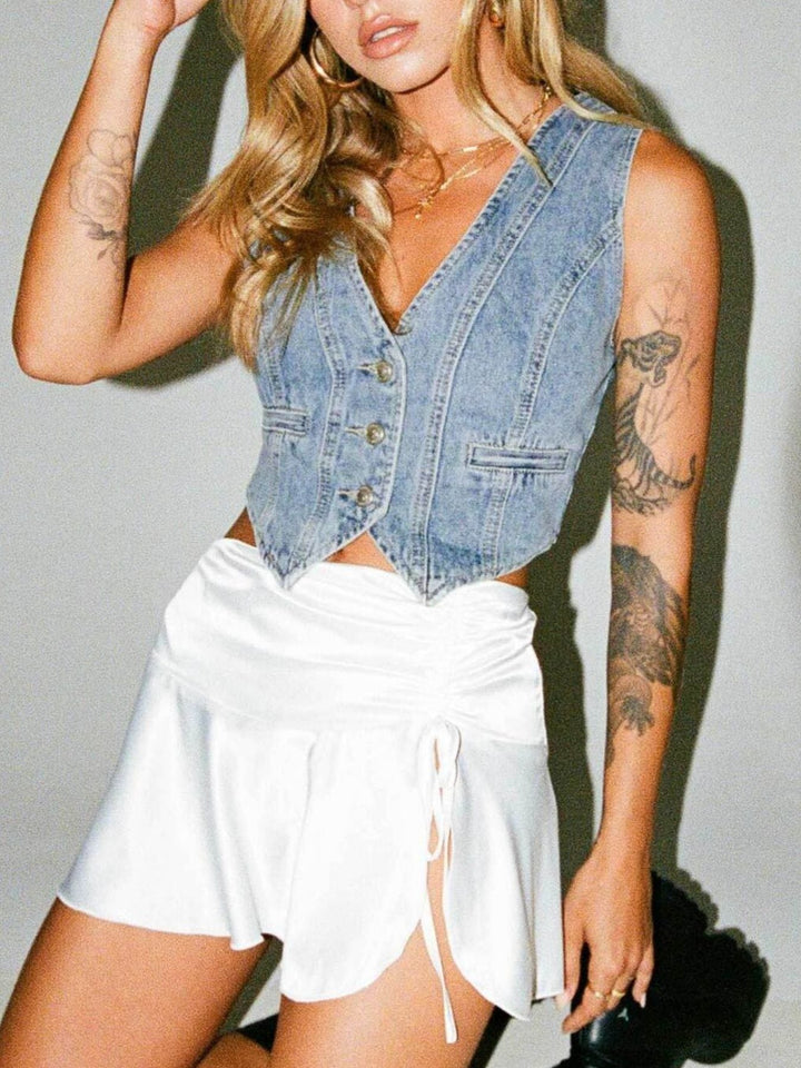 V-Neck Button Up Denim Vest