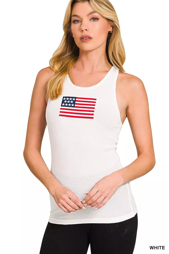 Zenana American Flag Embroidery Stretchy Ribbed Tank