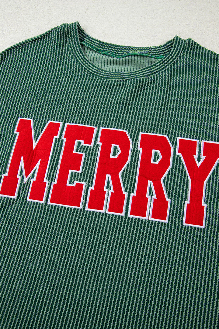Evergreen Twisted Rib Outlined Merry Letter Graphic Loose Long Sleeve Top