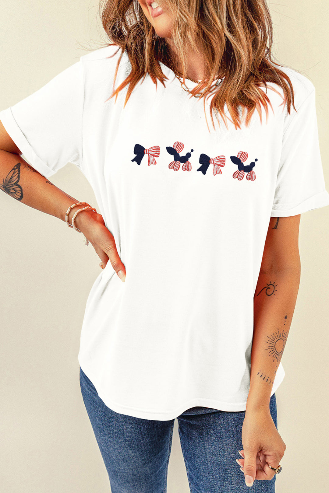 White American Coquette Embroidered Dog Casual T Shirt