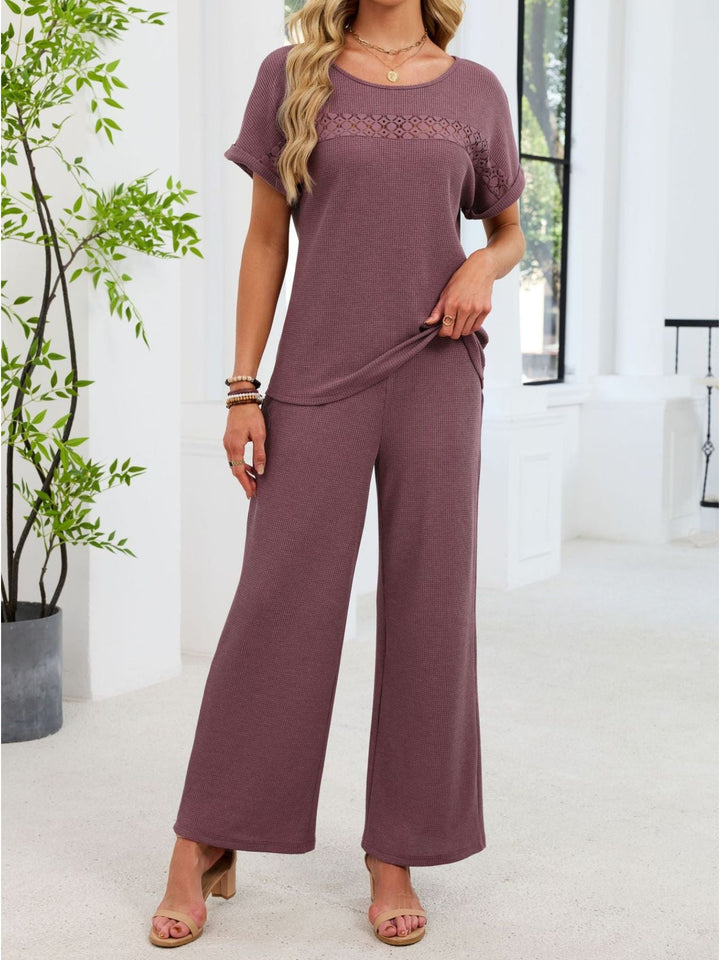 Lace Detail Short Sleeve Top and Pants Set