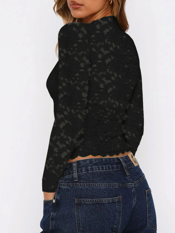 Floral Lace Long Sleeve Deep V-Neck Blouse with Scalloped Hem