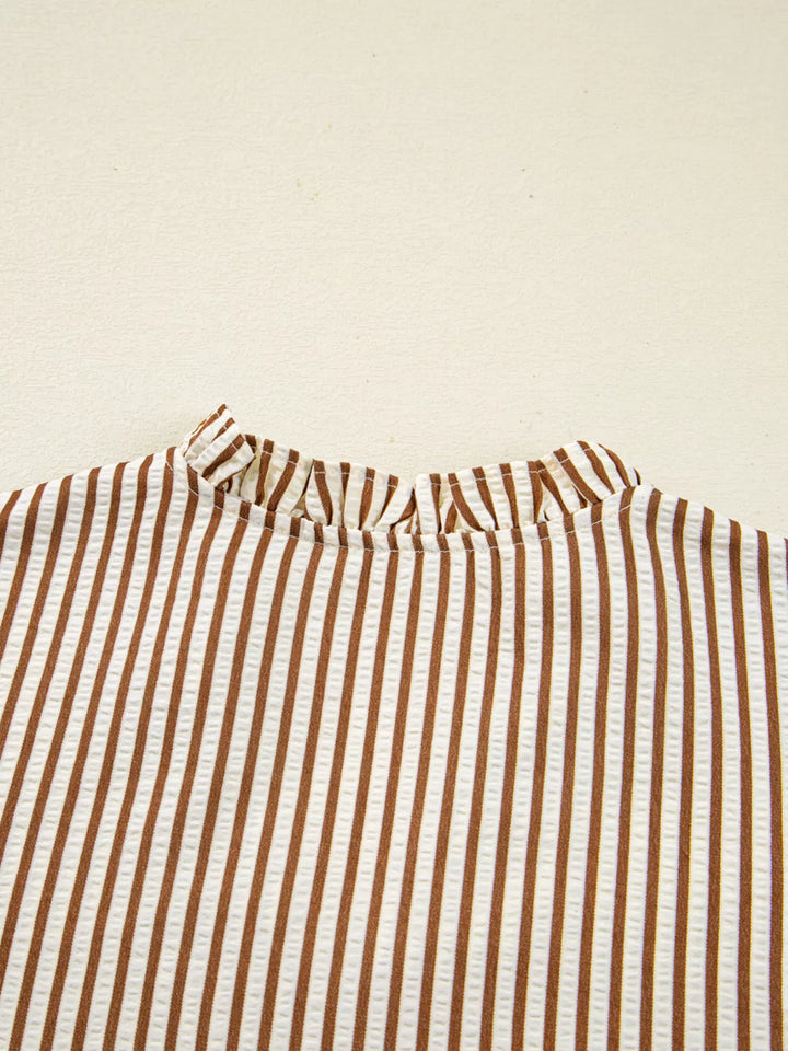 Striped Ruffled Neck Blouse with Tie Sleeves