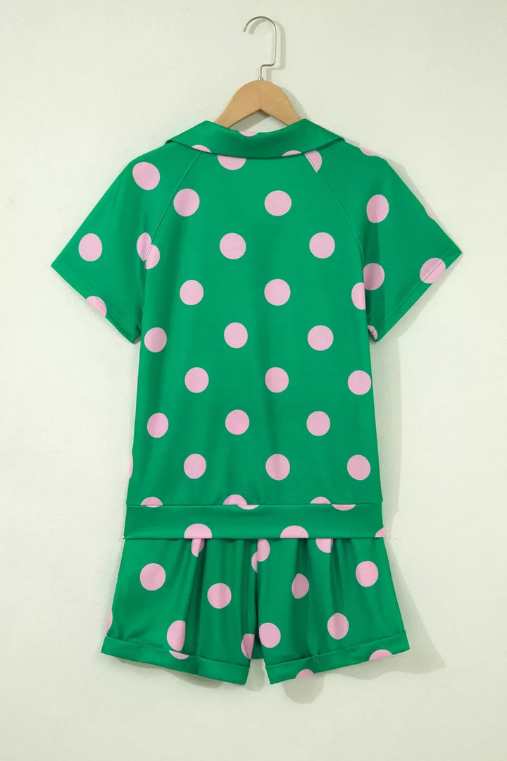 Polka Dot Print V Neck Tee Short Set